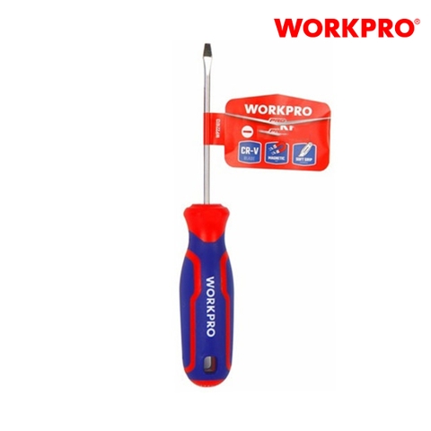 Tua vít đầu dẹt, tay cầm bọc nhựa cao su 3 màu, chống trơn trượt kích thước 4x100mm, thép hợp kim CR-V Workpro - WP221014