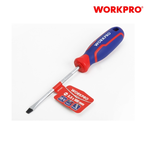 Tua vít đầu dẹt, tay cầm bọc nhựa cao su 3 màu, chống trơn trượt kích thước 5.5x100mm, thép hợp kim CR-V Workpro - WP221016