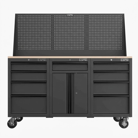 [Tặng quà 3.350.000đ] Tủ đồ nghề CSPS 183cm - 09 hộc kéo màu đen, mặt ván gỗ, kèm vách lưới