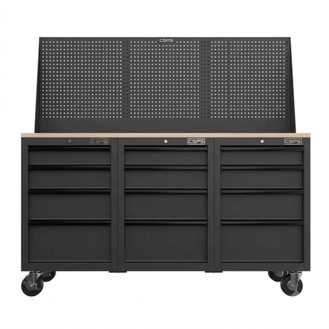 [Tặng quà 3.948.000đ] Tủ đồ nghề CSPS 183cm - 12 hộc kéo màu đen, mặt ván gỗ, kèm vách lưới