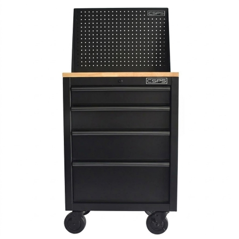 [Tặng quà 1.316.000đ] Tủ đồ nghề CSPS 61cm - 04 hộc kéo màu đen, bánh xe, mặt ván gỗ, vách lưới