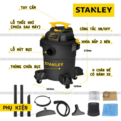 Máy hút bụi công nghiệp STANLEY SL19417P-6A, dung tích 23l, công suất tối đa 4000w (5.5hp), 4 bánh xe xoay chuyển động