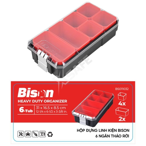 Hộp nhựa đựng linh kiện Bison 6 ngăn có thể tháo rời, kích thước 31x16.5x8.5cm, khóa nhôm chắc chắn