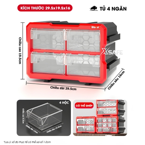 Hộp đựng linh kiện Bison nhiều ngăn có ghép nối Tủ nhựa nguyên sinh chắc chắn, dùng đựng đinh, ốc vít, linh kiện điện tử BS38688