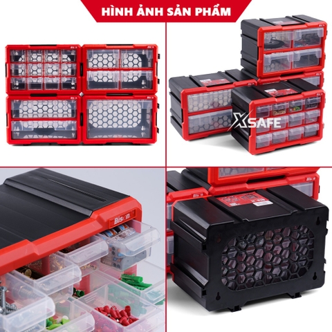 Hộp đựng linh kiện Bison nhiều ngăn có ghép nối Tủ nhựa nguyên sinh chắc chắn, dùng đựng đinh, ốc vít, linh kiện điện tử BS38688