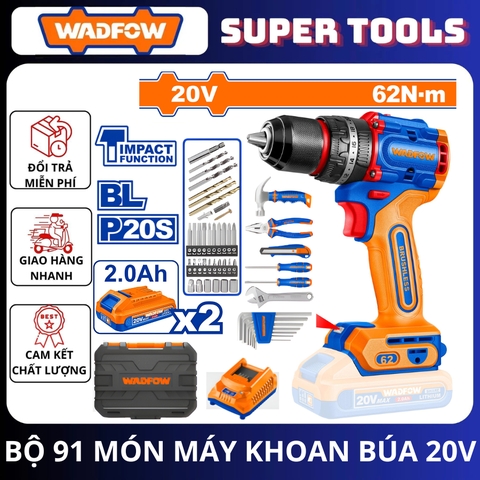 Bộ 91 Món Máy Khoan Búa Nhỏ Gọn Không Chổi Than Dùng Pin 20V-62Nm (kèm 2 Pin 2.0Ah ) WADFOW WDT4B91