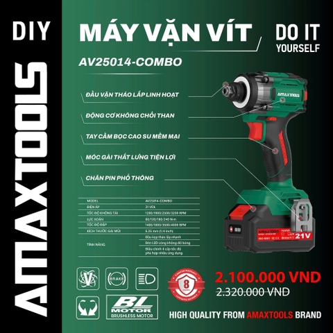 Combo Máy Vặn Vít Pin Amaxtools AV25014 21V, Kèm 2 Pin Và Sạc