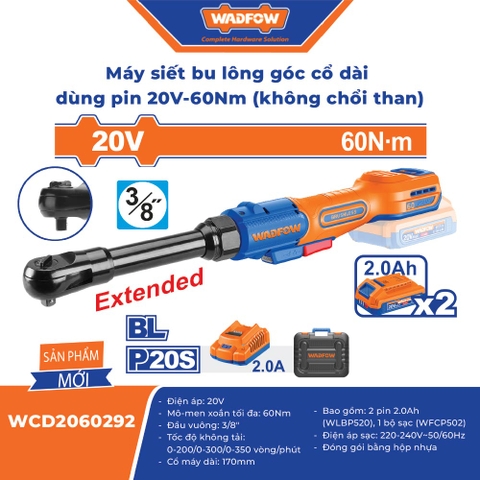 Máy Siết Bu Lông Góc Cổ Dài Dùng Pin 20V 60Nm Không Chổi Than WADFOW WCD2060292