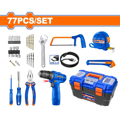 Bộ 77 món dụng cụ cầm tay kèm Máy khoan dùng  pin 12V WadFow WDT1B77