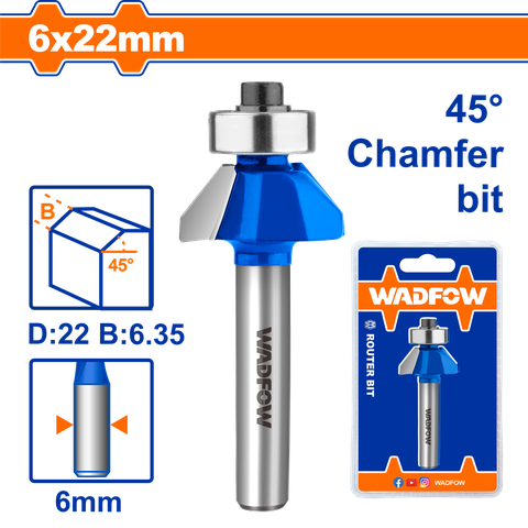Mũi phay gỗ vát 45° 6x6x22mm WadFow WRG3401
