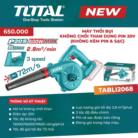 Máy thổi bụi không chổi than dùng pin 20V (không kèm Pin & sạc) Total TABLI2068