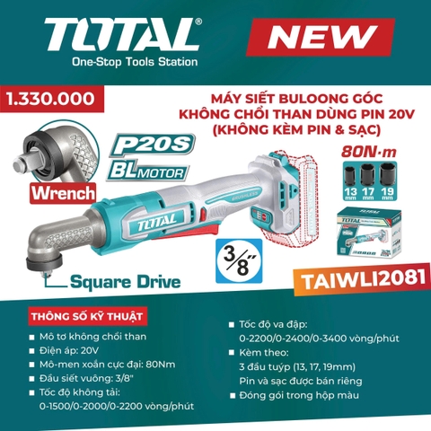 Máy siết vít góc không chổi than 20V (Solo) Total TAIRLI2081