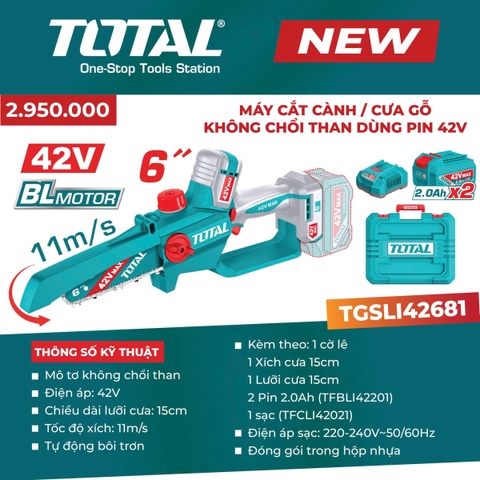 Máy cắt cành/ cưa gỗ không chổi than dùng pin 42V Total TGSLI42681