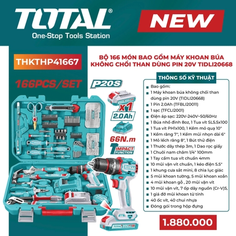 [Sale 8/8] Bộ Máy Khoan Búa Pin 20V 166 Chi Tiết Total TIDLI20668 THKTHP41667