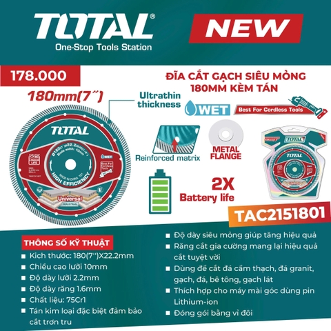 Đĩa cắt gạch siêu mỏng 180mm kèm tán Total TAC2151801