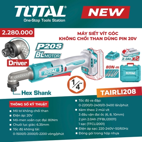 Máy siết vít góc không chổi than 20V (Full bộ) Total TAIRLI208