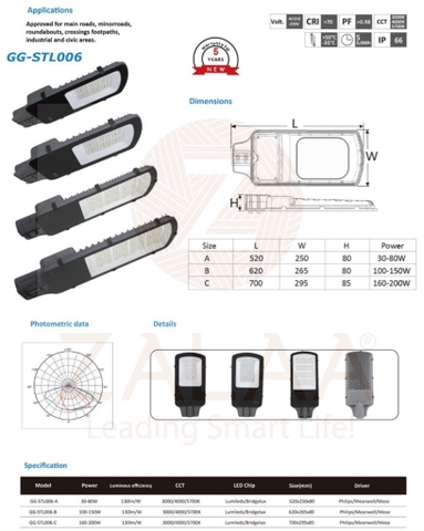 Đèn Đường LED OEM Philips Meanwell 100W, 120W, 150W, 200W Mã GG-STL006 ZALAA