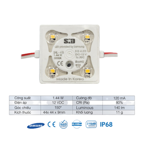 Chip LED Module 2835 4 Bóng Sam Sung SiD IP68, Bảo hành 3 năm