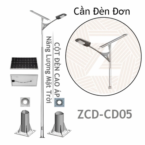 Cột Đèn Đường Cao Áp Năng Lượng Mặt Trời ZCD-CD05 Cần Đèn Đơn 1 tấm Pin Solar Panel