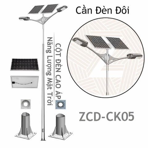 Cột Đèn Đường Cao Áp Năng Lượng Mặt Trời ZCD-CK05 Cần Đèn Kép 2 tấm Pin Solar Panel