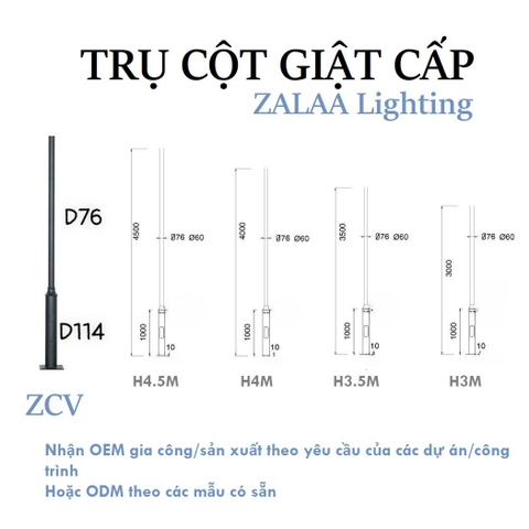 Cột Đèn Giật Cấp D114/76 cao 3,5m - Mạ kẽm nhúng nóng, Sơn tĩnh điện | Mã sp ZCD-GC H3.5 D114/76 ZALAA