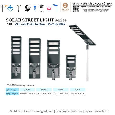 Đèn Đường LED ZLT-AIO5 Pw200-500W - All in one solar street light ZALAA ODM/OEM Theo Yêu Cầu