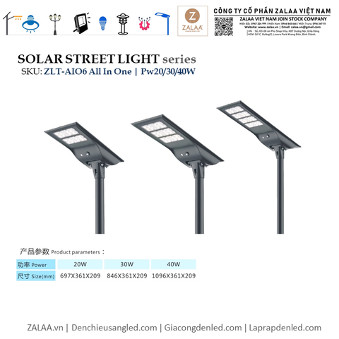 Đèn Đường LED ZLT-AIO6 Pw20/30/40W - All in one solar street light ZALAA ODM/OEM Theo Yêu Cầu