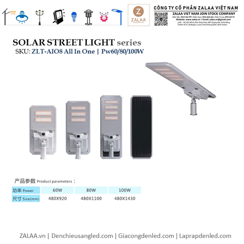 Đèn Đường LED ZLT-AIO8 Pw60/80/100W - All in one solar street light ZALAA ODM/OEM Theo Yêu Cầu