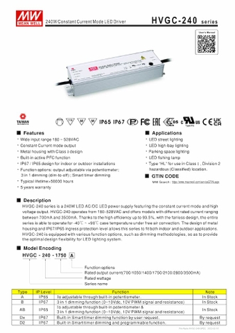 Nguồn Meanwell HVGC-240 | LED Driver sử dụng cho Đèn LED ngoài trời từ 240W