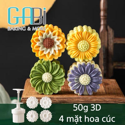 Khuôn trung thu lò xo 3D 50g 4 mặt hoa cúc