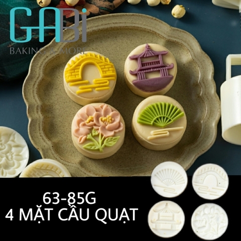 Khuôn trung thu lò xo 4 mặt đền - cầu - quạt - hoa 63-80g