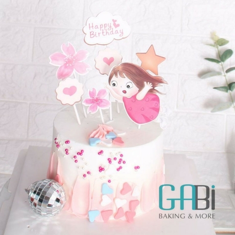 Set topper giấy hình bé gái váy hồng