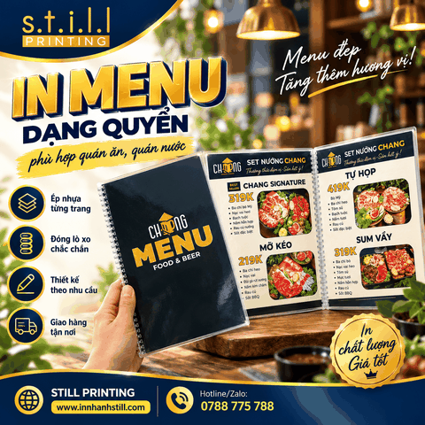 In menu dạng quyển đóng lò xo ép nhựa tại Bến Tre
