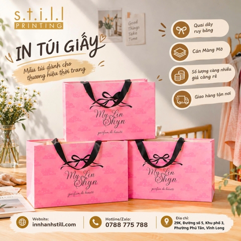 In túi giấy ngang quai ruy băng cho thương hiệu thời trang tại Bến Tre
