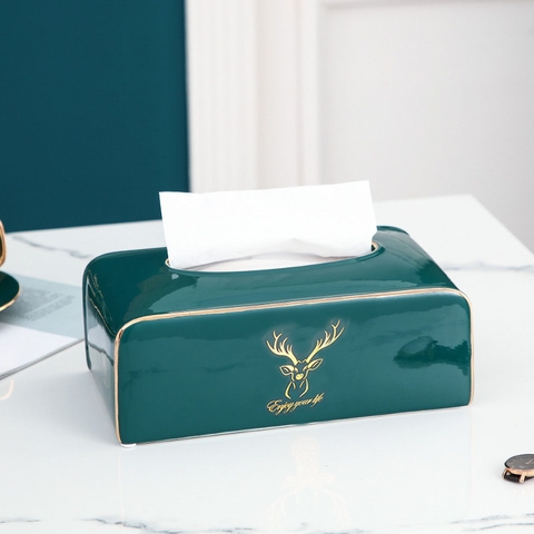 Hộp Đựng Khăn Giấy Gốm Sứ Xanh Ngọc Lục Bảo | Kèm Kệ Mạ Vàng Đựng Điều Khiển Từ Xa Đa Năng | Phong Cách Bắc Âu - Gia dụng Plus