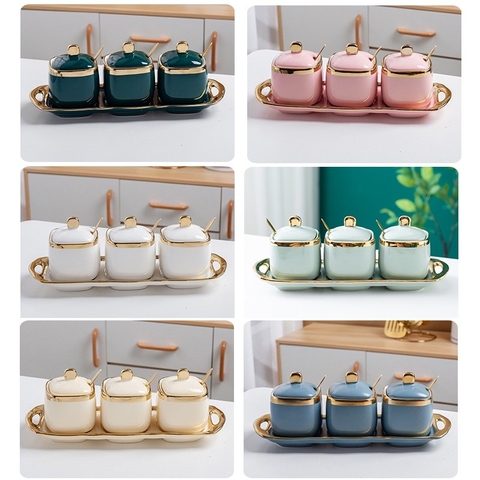 🔴OUTLET | Bộ hũ đựng gia vị gốm sứ (kèm khay sứ) sang trọng phong cách Bắc Âu