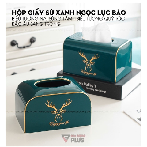 【Xả Kho】Hộp Đựng Giấy Ăn Đặt Bàn Gốm Sứ Xanh Ngọc Lục Bảo Cao Cấp | Phong Cách Bắc Âu Với Bộ Hươu Quý Tộc