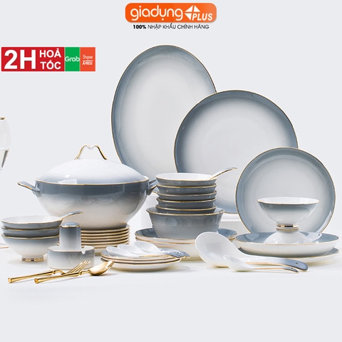 Bộ chén bát sứ Gradient Xám (Grey Gradient) cao cấp nhập khẩu - Set 10 người ăn gồm chén, bát, đĩa, tô, nồi sứ - gia dụng plus