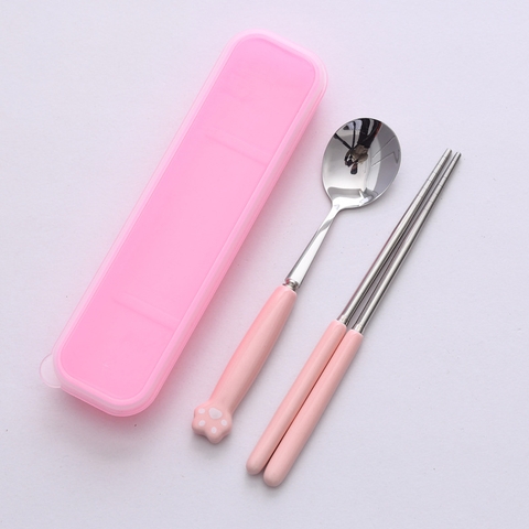 Bộ Đồ Ăn Cá Nhân Gồm Đũa / Muỗng / Nĩa Cao Cấp Tay Cầm Sứ Hình Chân Mèo Dễ Thương | Qianhuiju - Gia dụng Plus