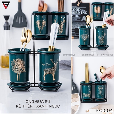 🔴OUTLET | Bộ ống đựng đũa sứ đựng đũa, thìa, muỗng cao cấp kèm khung thép xuất Nhật
