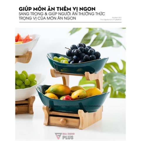 【Xả Kho】Đĩa Trái Cây Gốm Sứ Nhiều Tầng Kèm Kệ Gỗ Sang Trọng | Màu Xanh Ngọc Lục Bảo & Màu Trắng | Phong Cách Bắc Âu