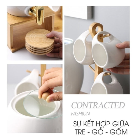 Bộ Chum Đựng Nước Sứ Có Vòi 3 Lít Kèm Kệ Gỗ & 6 Cốc Sứ Màu Trắng Cao Cấp