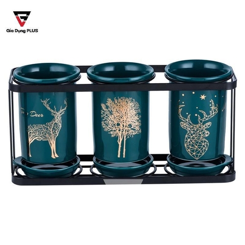Bộ Ba Ống Đựng Đũa, Thìa Sứ - Màu Xanh Ngọc Lục Bảo Đặt Bàn Cao Cấp & Sang Trọng Cho Nhà Hàng, Phòng Bếp | Qianhuiju - Gia dụng Plus