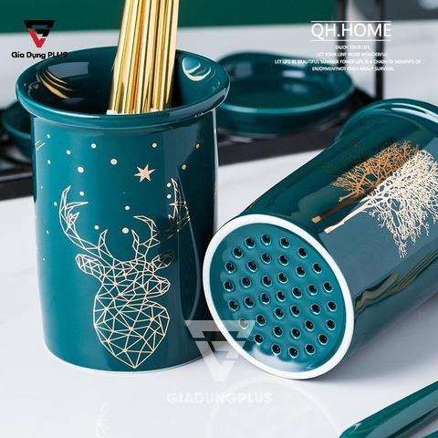 Bộ Ba Ống Đựng Đũa, Thìa Sứ - Màu Xanh Ngọc Lục Bảo Đặt Bàn Cao Cấp & Sang Trọng Cho Nhà Hàng, Phòng Bếp | Qianhuiju - Gia dụng Plus