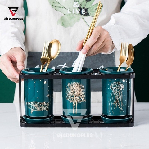 Bộ Ba Ống Đựng Đũa, Thìa Sứ - Màu Xanh Ngọc Lục Bảo Đặt Bàn Cao Cấp & Sang Trọng Cho Nhà Hàng, Phòng Bếp | Qianhuiju - Gia dụng Plus