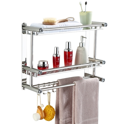 Kệ Đựng Đồ Đa Năng Dán Tường INOX Cao Cấp Cho Phòng Tắm | Kèm Giá Khăn & Móc Treo Đa Năng | Moyang - Gia dụng Plus