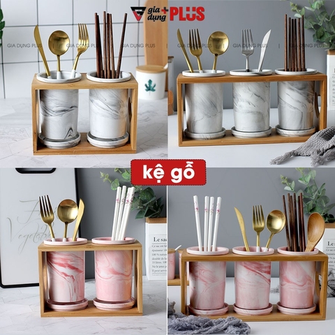 🔴OUTLET | Kệ đựng ống đũa bằng gốm sứ - kệ gỗ, có đĩa hứng nước sạch sẽ phong cách Bắc Âu