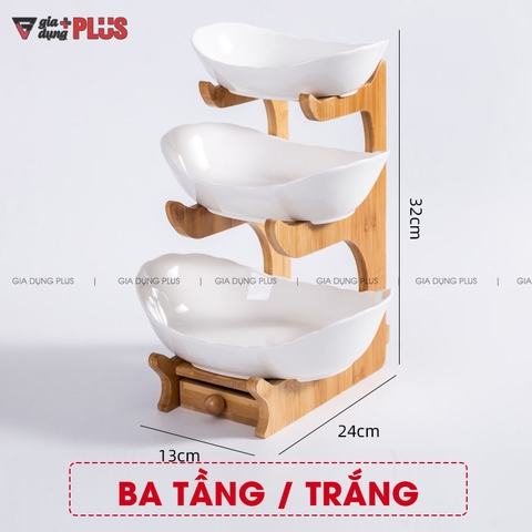 Đĩa Trái Cây Gốm Sứ Nhiều Tầng Kèm Kệ Gỗ Sang Trọng | Màu Xanh Ngọc Lục Bảo & Màu Trắng | Phong Cách Bắc Âu - Gia dụng Plus