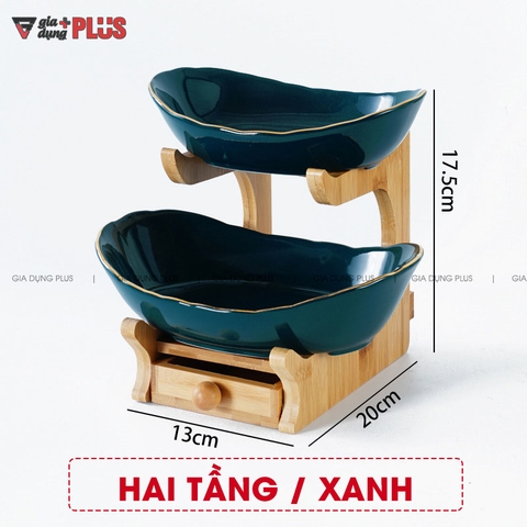 Đĩa Trái Cây Gốm Sứ Nhiều Tầng Kèm Kệ Gỗ Sang Trọng | Màu Xanh Ngọc Lục Bảo & Màu Trắng | Phong Cách Bắc Âu - Gia dụng Plus