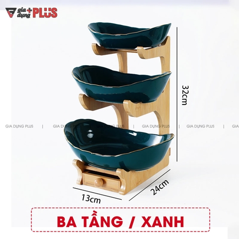 Đĩa Trái Cây Gốm Sứ Nhiều Tầng Kèm Kệ Gỗ Sang Trọng | Màu Xanh Ngọc Lục Bảo & Màu Trắng | Phong Cách Bắc Âu - Gia dụng Plus